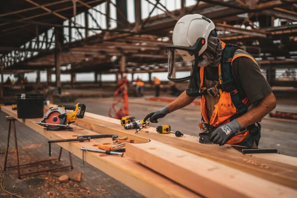 Carpenter in safety gear cutting lumber on a job site