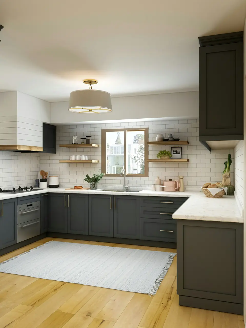Kitchen with charcoal cabinets, white subway tile, open wood shelves and wood floors